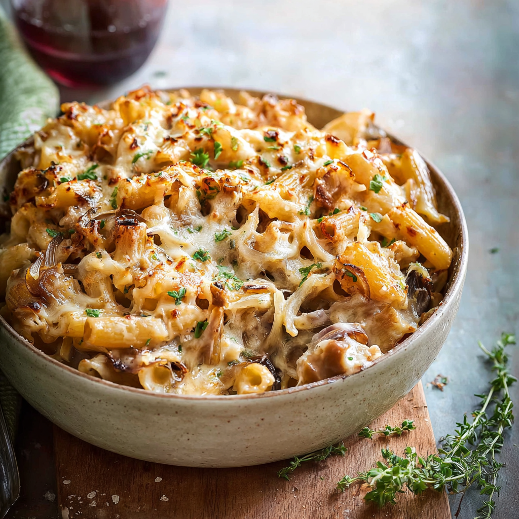 One Pot Creamy French Onion Pasta Bake